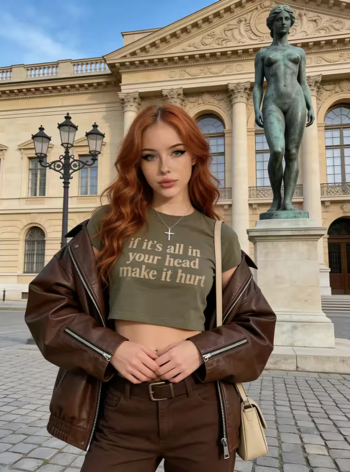 AI-generated adult red-haired woman in a dark shirt outdoors