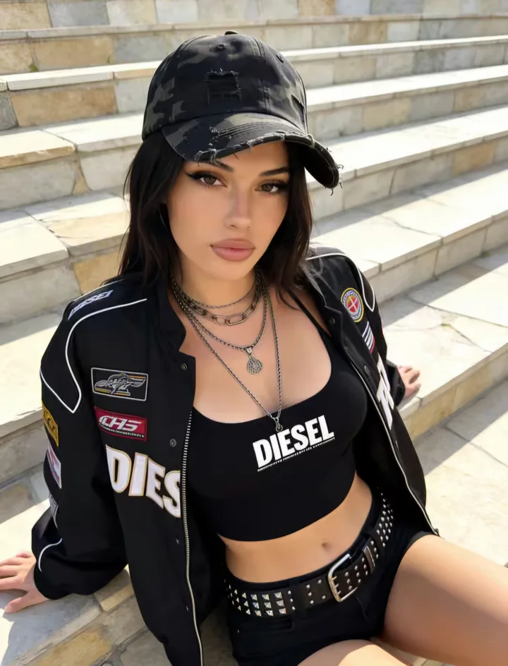AI-generated adult dark-haired woman in a black cap and jacket